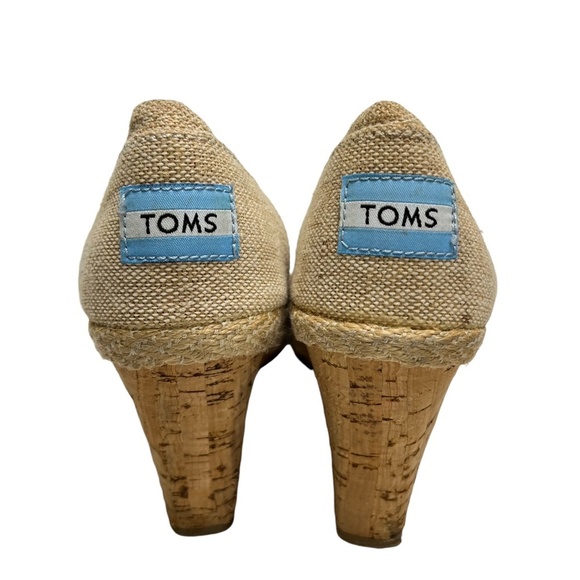TOMS Wedges Peep Toe Cork Canvas Burlap Espadrilles High Heels Shoes Beige sz 6 - Picture 6 of 16